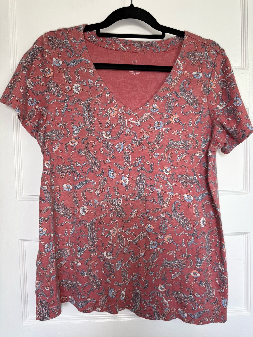 J. Jill Coral Botanical Paisley Print Pima Cotton V-Neck Short Sleeve Tee Boho M